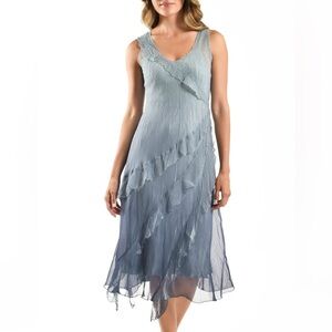 KOMAROV Short Chiffon Dress with Asymmetrical Ruffles in blue ombré SZ XL new